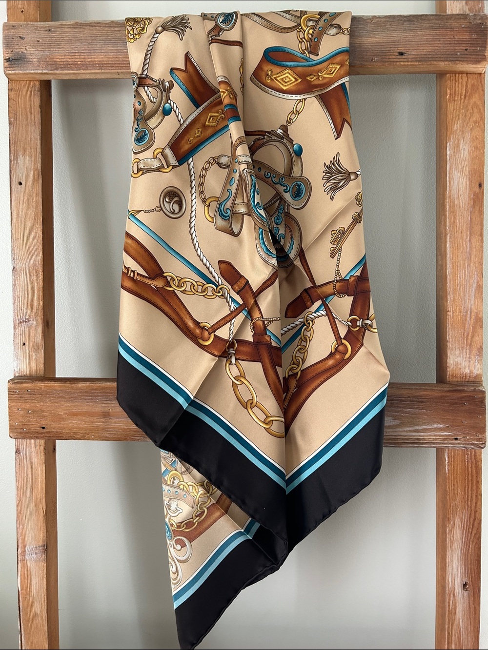 Dana Buchman Beige, Brown & Teal Horsebit Print Silk Scarf